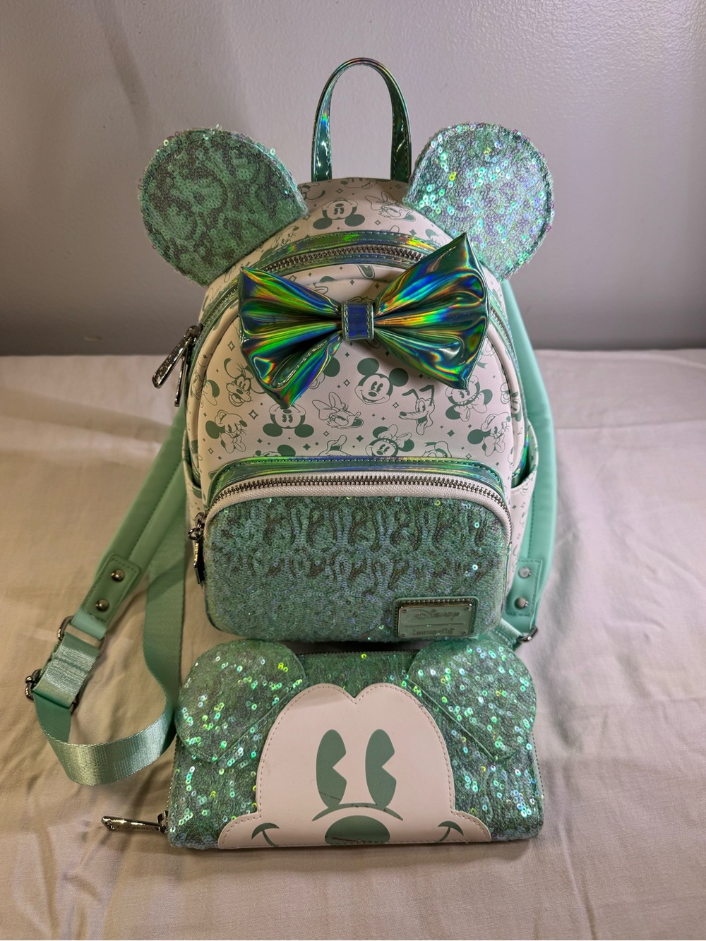 Loungefly Disney Mouse Ear Mini Backpack and Wallet Set - Mint Green Sequence